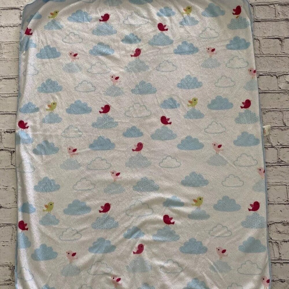 Circo White Clouds Soft Fleece Blue Sherpa Back Baby Blanket Pink Green Birds